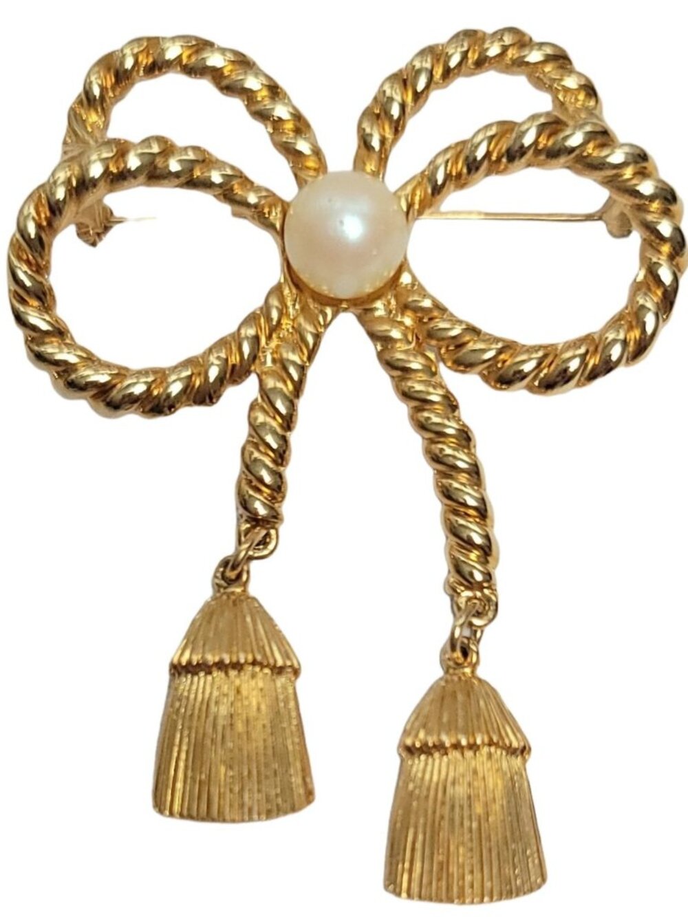 Pierre Balmain Gold-Tone Rope Twist Bow, Tassel Dangle Brooch